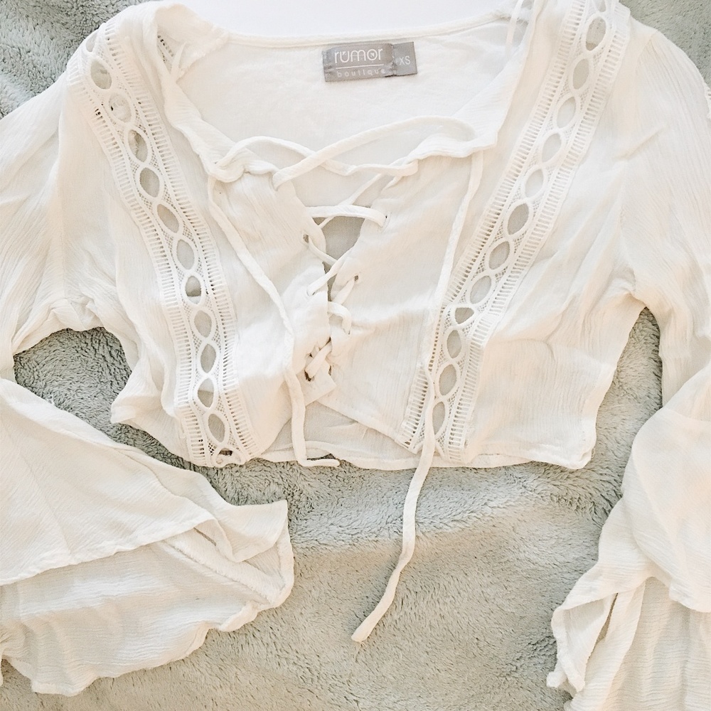 LF Cropped White Lace Up Flare Arm Top (Size XS)